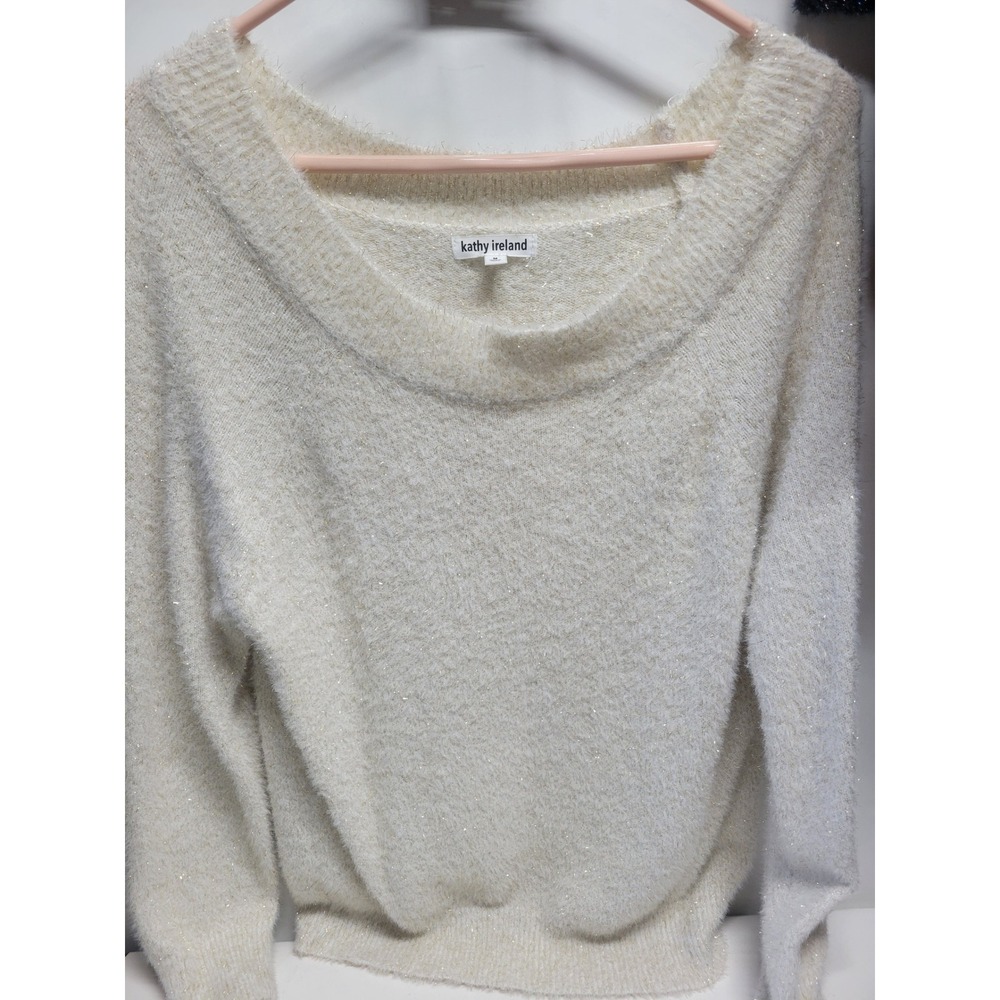 Kathy Ireland Cream Sparkle Fuzzy‎ Off Shoulder Sweater Women's Medium